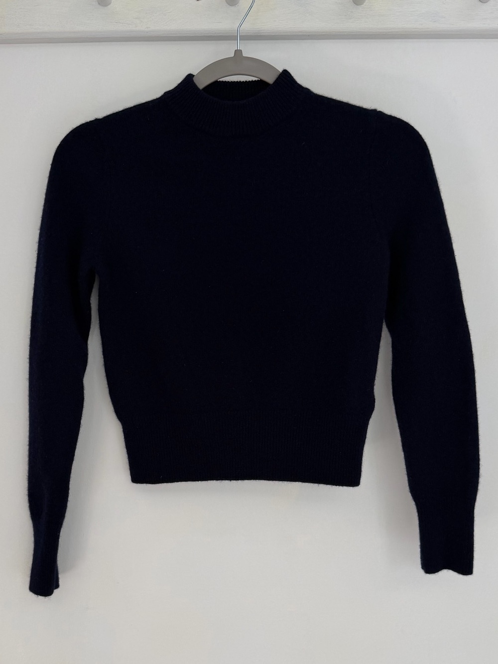 Zara 100% Wool Navy Blue Cropped Mock Neck Knit Sweater